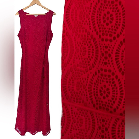 sandra darren red crochet maxi dress belted size large - Picture 1 of 8